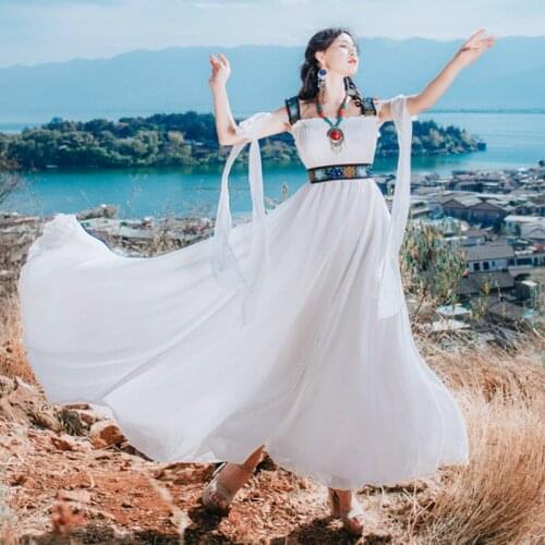 2019 Brand New Ethnic Embroidered Chiffon Lace Retro Long Dress Boho Style Sleeveless Bowtie Suspender Maxi Dress Vestidos