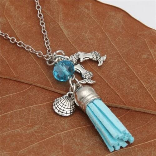 1pc 2019 New Mermaid Pendant Necklace Shell With Blue Beads Blue Tassel Necklace Handmade Summer Gift Ocean Jewelry E2163