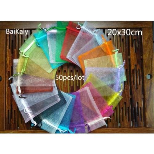 50pcs/lot 24 Colors 20x30cm Organza bag drawstring Pouch wedding/Party decoration gift Bag Jewelry Packaging& Display Pouches