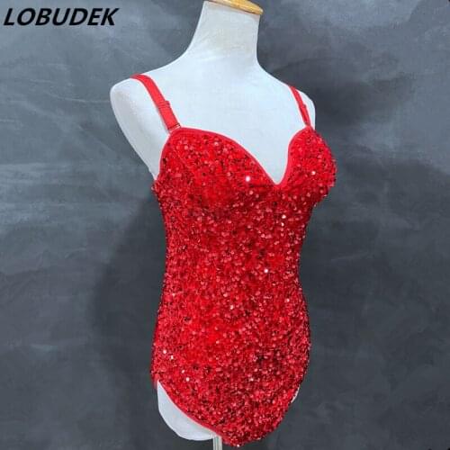 Shining Red Black Sequins Stretch Sling Bodysuit Women DJ Jazz Dance Costume Sexy Bar Nightclub Singer Dancer Team Stage Wear