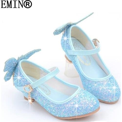 Child Princess Shoes Leather For Girls High Heels butterfly Sequins Wedding Party Kids Dress Fashion Sandals Dance Pearles Summe