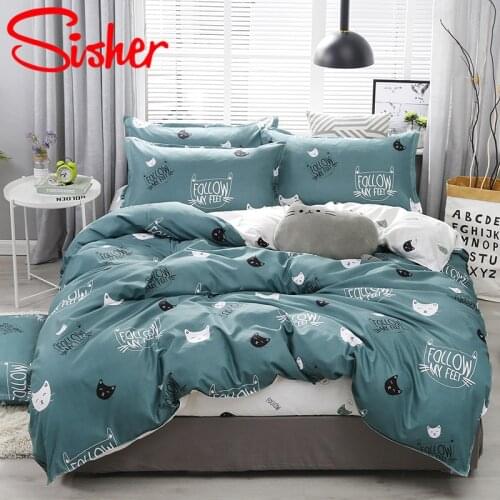 Sisher Nordic Simple Style Duvet Cover Set Cute Cartoon Cat Bedding Sets For Kids Adult Pink Green Single Double Queen King Size