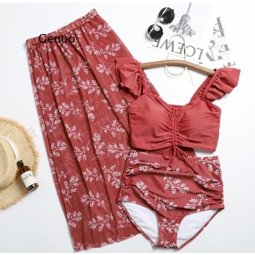 Korean Swimming Suit for Women Print Bikinis Three Piece Holiday Split Swimsuit Female Hot Spring Bathing Suit