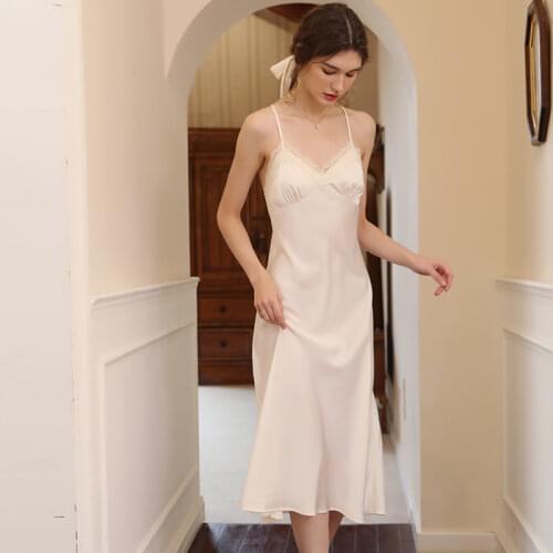 Long Style Sexy Spaghetti Strap Silk Night Clothes Dresses Women Lace V-Neck Backless Nightgowns Summer Sleeveless Homewear 2021
