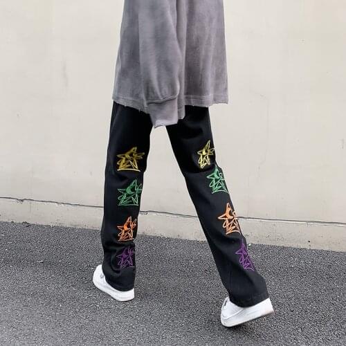 Autumn Winter Embroidery Denim Pants 2021 New Streetwear Washed Jean Pants Men Korean Loose Straight Hip Hop Jeans Blue/Black