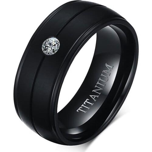 Mens Punk Pure Titanium Black Ring Matte Wedding Bands with CZ Stone Ring for Men Cubic Zirconia Engagement Accessories Jewelry