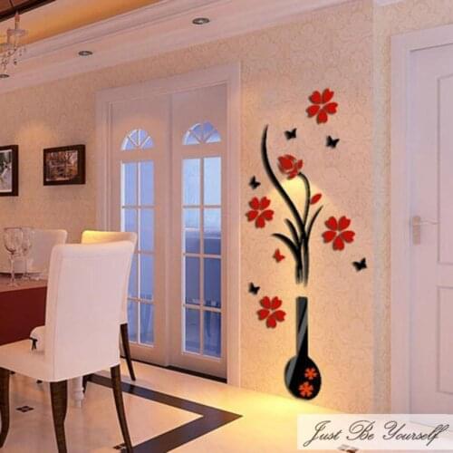 Wallstickers DIY Vase Tree Crystal Arcylic Stickers Flower 3D Living Room Bedroom Wall Sticker Etiqueta Da Parede 18JAN26