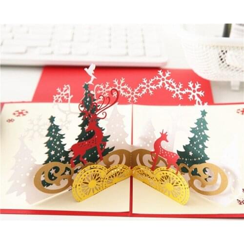 Christmas Double Deer Three-Dimensional Relief Creative Card Hollow Out Handmade 3D Merry Christmas Greeting Paper Gift Postcard