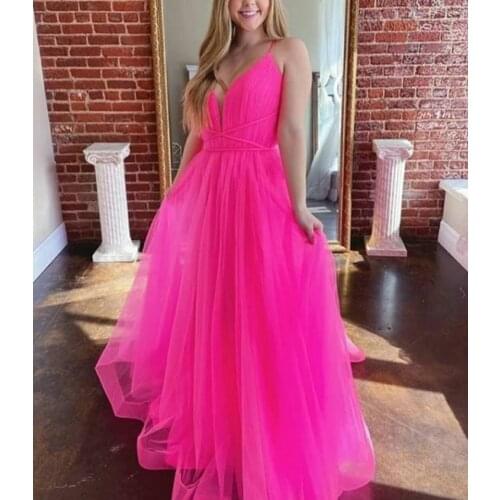 Vkbridal Sexy V-Neck Tulle Hot Pink Prom Dresses Long Party Dresses Criss-cross Back Formal Evening Gowns for Women