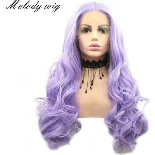 Melody Synthetic Lace Front Wigs Heat Resistant Bright Lilac Purple Long Body Wave Middle Part for Women Natural Looking Daily