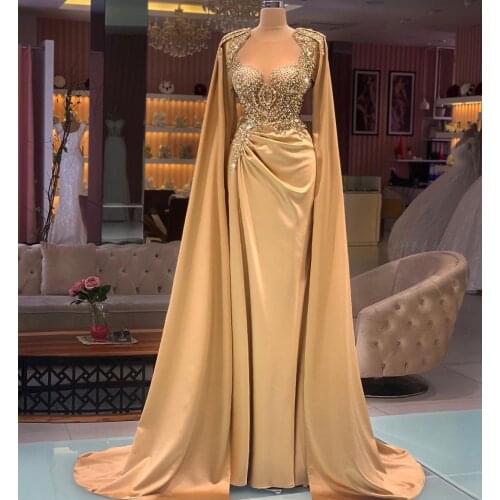 2021 Gold Evening Gowns with Wrap Sheer Jewel Neck Satin Long Sleeve Prom Dress Beaded Custom Made Formal Vestidos De Fiesta