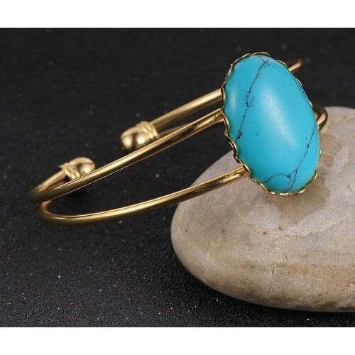 Bohemia Style Natural Gem Stone Gold Copper Adjustable Cuff Bracelet Bangle Oval Turquoises Crystal Ethnic Jewelry For Women