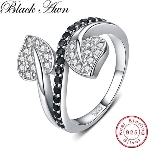 [BLACK AWN] Trendy 925 Sterling Silver Wedding Rings for Women Female Bijoux Leaf Sterling Silver Jewelry G088