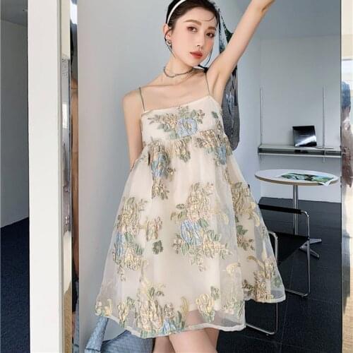 2021Summer Floral Embroidered Dress Women Summer Jacquard Spaghetti Strap Gold Ball Gown Vacation Dress Elegant Vestidos