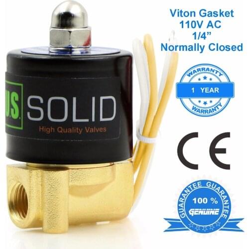 U.S. Solid 1/4" 110V AC Brass Electric Solenoid Valve C Normally Closed for Water, Air, Diesel, CE Certified