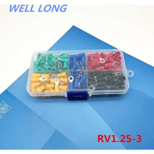 200pcs/lot RV1.25-3 Kit Cold pressed terminal O-type connector copper nose wire terminal with sheathed copper terminal head
