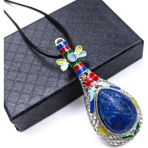 27x63mm Pendant New Natural Lapis Lazuli Stone Lute Pendant Brooch Two Use Burnt Blue Multicolor with Sweater Chain Necklace