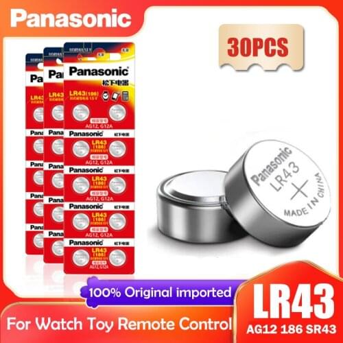 30PCS Panasonic LR43 AG12 186 1.5V Alkaline Battery 386 SR1142 LR1142 SR43 Button Cell Coin For Watch Calculator Control Remote