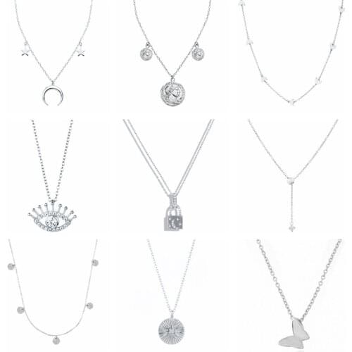 GS 925 Sterling Silver Boho Vintage Crystal Eye Star Pendant Necklace Fashion Portrait Lock Charm Necklace Choker for Women