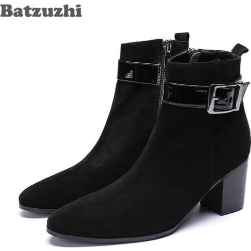 Batzuzhi Korean Type Men Boots Pointed Toe Black Suede Ankle Boots Men Knight Party Boots for Men Bota Masculina, Big US6-12