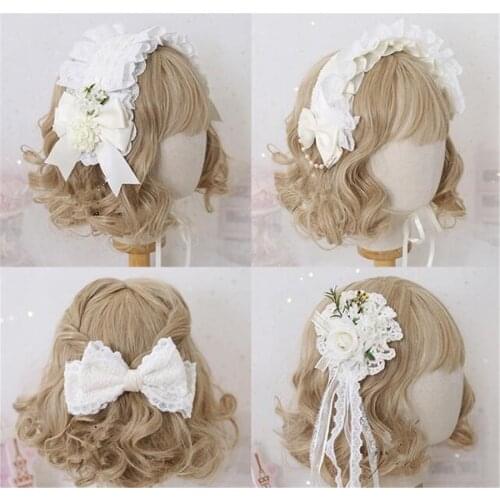 White Wedding Flower Cosplay Lolita Princess Hair Clip Headband Hair Accessories Girl Lace Bow Hairpin Side clip Headdress D303