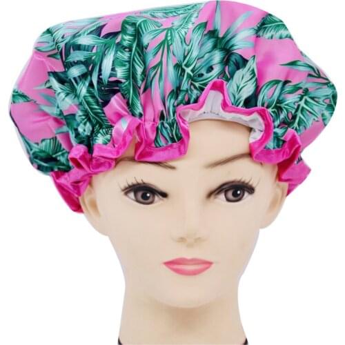 Digital Printed polyester satin fabric double layer Palm leaves shower caps