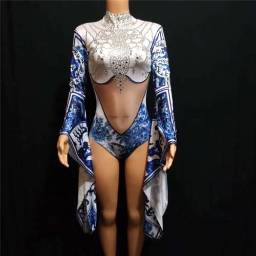 D03 Chinese style bodysuit diamonds singer performance wears jumpsuit party show wears outfits bar female printed dj clothes bar