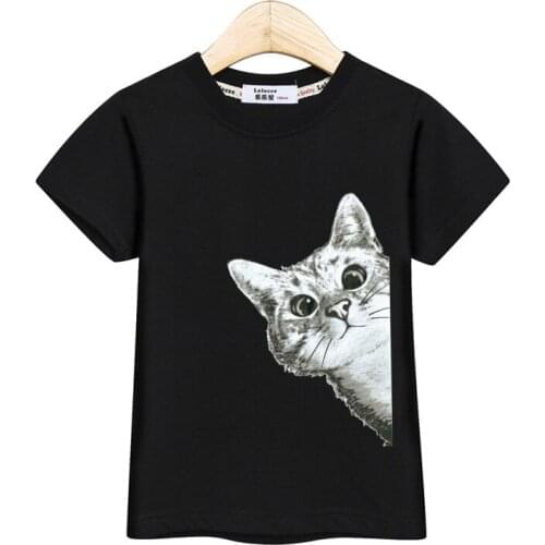 Kids boys new t-shirt funny face print tops girls summer tops cute cat short sleeve dress child cotton tee shirt 3-13T