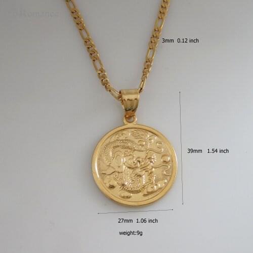 FoRomance / YELLOW GOLD GP 24" FIGARO OR 18" NECKLACE & CHINESE DRAGON PLAYING BEADS FORTUNE WEALTH LUCKYNESS SYMBOL PENDANT