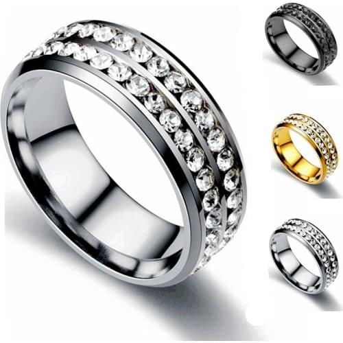 Stainless Steel Ring 2 Rows Gold Color Crystal Ring Wedding Rings for Women Men Jelwery