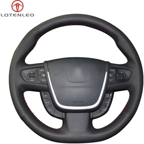 LQTENLEO Black Genuine Leather Sew Car Steering Wheel Cover For Peugeot 508 2011-2018 508 SW 2011-2018