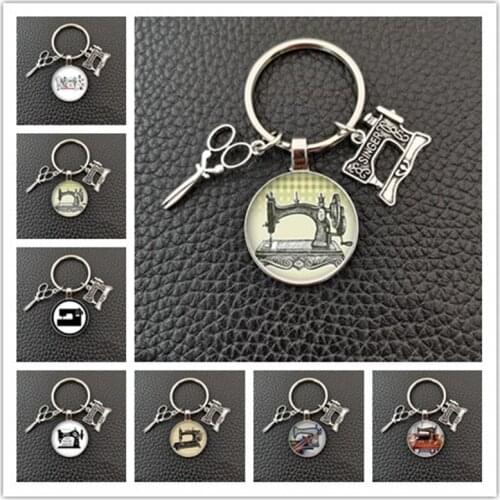 Fashion New Sewing Jewelry Tailor Art Pendant Glass Keychain Sewing Machine Keychain Clothing Designer Tailor Memorial Gift