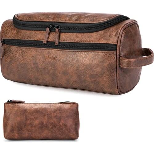 Leather Toiletry Bag Travel Toiletry Organizer Portable Hanging Makeup Bag Dopp Kit & Shaving Cosmetic Bag for Men Women