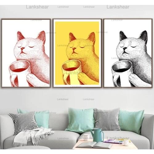 Wall Art Canvas Painting Colorful Cat Cup Enjoy Life Animals Nordic Posters and Prints Wall Pictures for Living Room Home Decor