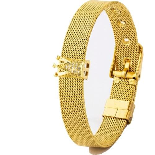 New Fashion Adjustable Stainless Steel CZ Bracelet Women Men Width Watch Belt Bracelet Bangle Jewelry Charm Crown Bead Bracelet