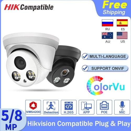 Hikvision Compatible IP Camera ColorVu 5MP 8MP HD Video Dome POE Black Night Version CCTV Kamera Built-In Mic H.265 Plug&Play