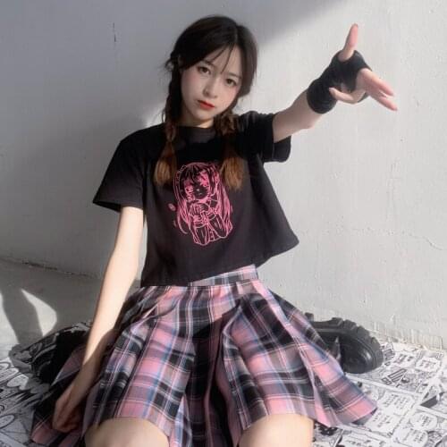 E-girl Anime Graphic and Letter Print Top Y2K Summer Grunge Korea Style O-neck Short Sleeve T-shirts Harajuku Aesthetic Goth tee