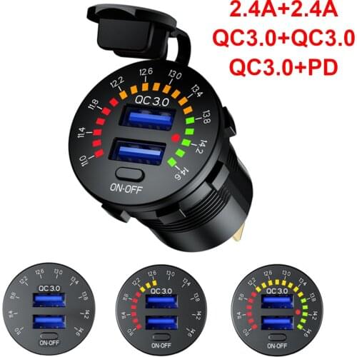 QC3.0 4.8A Dual USB Charger Socket Flow Voltmeter Switch 36W Type C PD Outlet Fast Charging for 12V Car Boat Motorcycle Truck RV