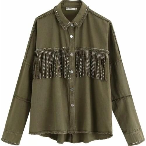 2021 New Women Spring Fringed Denim Jacket Retro Tassels Rivets Oversized Beading Jeans Jacket Purple Blue High End Outerwear