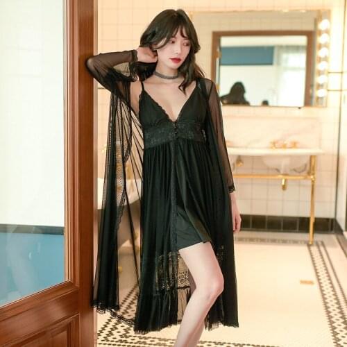 Long Sleeve Nightgown Womens Spring and Summer Modal French Court Style Lace Sexy Nightdress Two Piece Set with Breast Pad