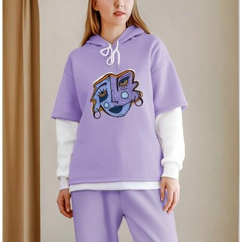 Color Block Hoodie Purple Sweat Vintage Art Patchwork Sweatshirt Ladies Harajuku Fashion Women Hooded Sweater Ulzzang Clothes