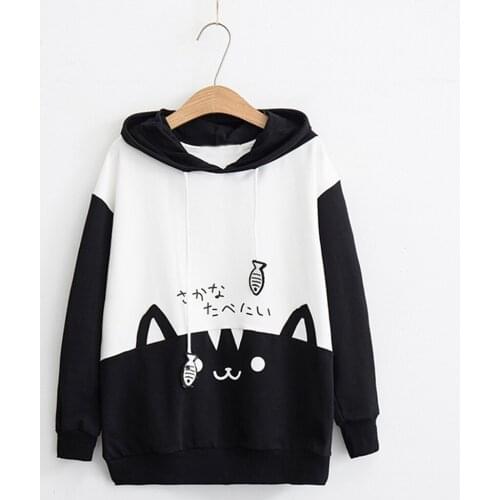 Tops Women 2021 Hoodie Womem Cat Pullovers Female With Hood Loose Jumper Patchwork Sweatshirt Women Top Femme Toppies Худи