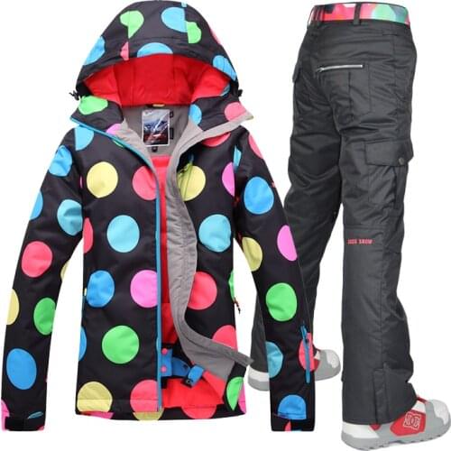 Womens Black Ski Suit Clearance Riding Climbing Snowboarding Clothes Female Polka Dots Snow Jacket And Black Ski Pants Set