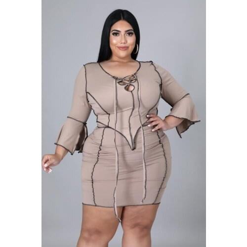 Casual 2 Piece Mini Skirts Set Plus Size Woman CrissCross Tied 3/4 Sleeve Irregular Hem Top+Bright Line Decoration Short Skirts