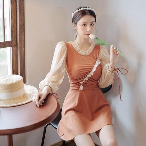 Plus Size Long Puff Sleeve Swimsuit Women One Piece Solid Swimwear Ruffled Korean 2 Colors Bathing Suit L-4XL Skirt Pad Wireless