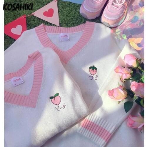 KOSAHIKI Sweet Sweater Women V-neck Strawberry Embroidery Knitted White Pink Pullover +Sleeveless Vest 2021 Japan Kawaii Clothes