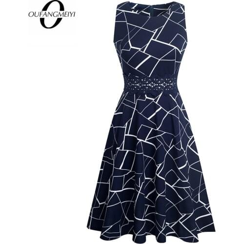 Women Vintage Solid N Print Work Elegant Fashion Collect Waist A-Line Party Swing Dress EA079