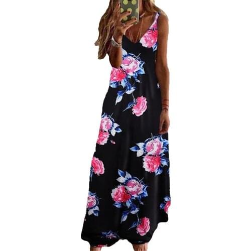 Womens Dress 2021 Summer New Fashion Flowers Printed Sleeveless Spaghetti Strap Bohemia Casual Beach Elegant Maxi Dress S-5XL