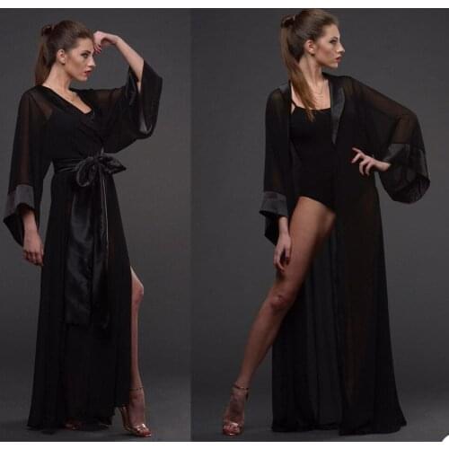 2021 Unique Womens Black Prom Gowns V Neck Long Sleeves Bathrobe Lingerie Nightgown Floor Length Pajamas Sleepwear Custom Made