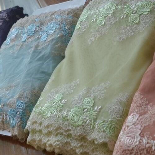 4Yards Blue,Green,Beige,White..Mesh Mirror Flower Embroidered Scalloped Tulle Lace 30cm Wide High Quality Wedding Scarf Garment